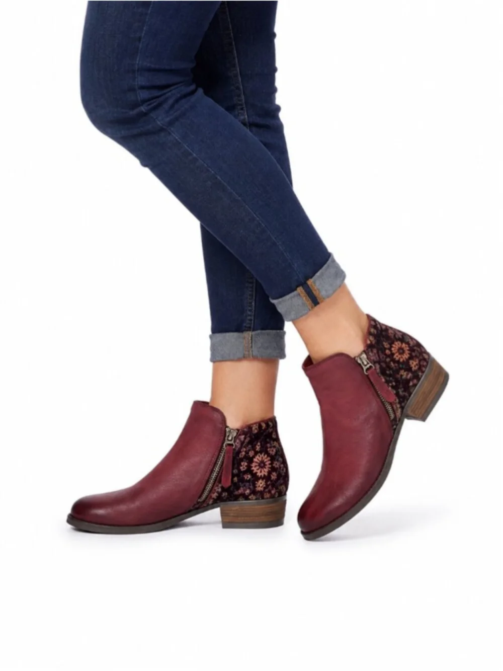 MIZ MOOZ Bangkok Leather & Floral Velvet Ankle Boots Red 39EU 8.5US Burnished